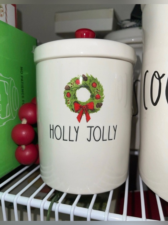 Rae Dunn Other - Rae Dunn Holly Jolly Small Ceramic Canister - White with Red and Green Accents